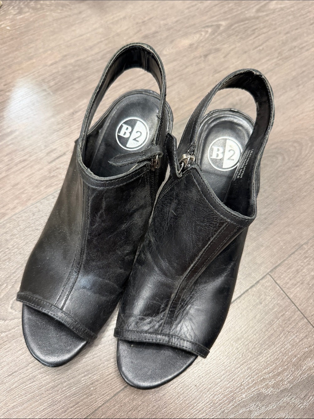 B2 Black Leather Open-Toe Slingback Mules